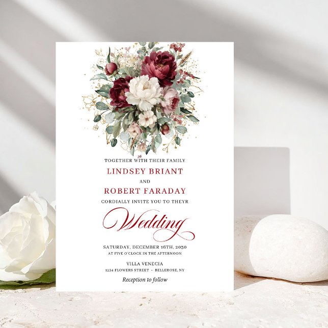 Förfinad Burgundy Vit Blommig Bröllopsinbjudan Inbjudningar (Refined Burgundy White Floral Wedding Invitation)