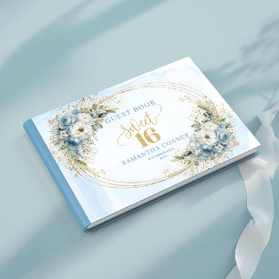 Förfinad dammig blå blommig guld Sweet 16 Sign In Gästböcker