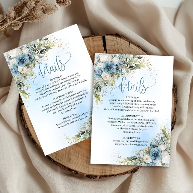 Förfinad dammig blå blomster- guldbröllopsinformat OSA kort (Refined Dusty Blue Floral Gold Wedding Info Card

)