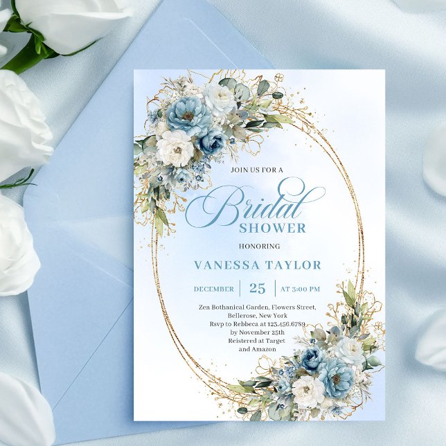 Förfinad dammig blå guld ram bröllopsfest inbjudan (Refined Dusty Blue Gold Frame Bridal Shower Invitation)