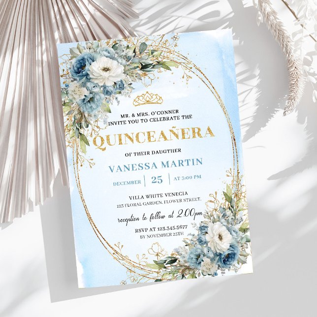 Förfinad dammig blå guldgrönska Quince 15 inbjudan (Refined Dusty Blue Gold Greenery Quince 15 Invite)
