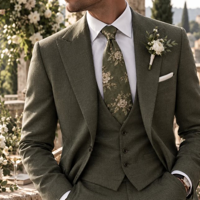 Förfinad dammig olivgrön arvfloral mönster slips (Skapare uppladdad)