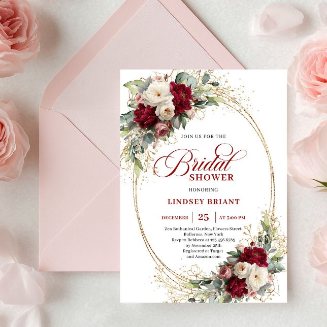 Förfinad djupröd floral guld bröllopsdusch inbjuda inbjudningar (Refined Deep Red Floral Gold Bridal Shower Invite)