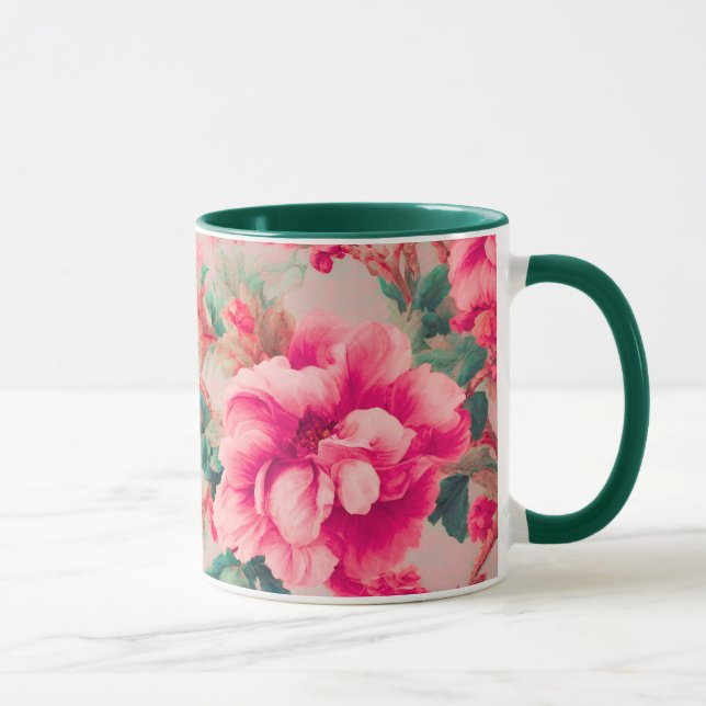 Förfinad Elegant Bright Rosa Flowers, Lush Lövs Mugg (Höger)