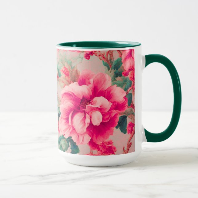 Förfinad Elegant Bright Rosa Flowers, Lush Lövs Mugg (Höger)
