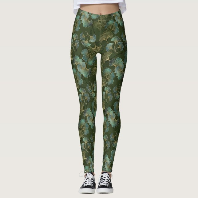 Förfinad Ginkgo Botanisk Smaragdgrön Konst Leggings (Framsida)