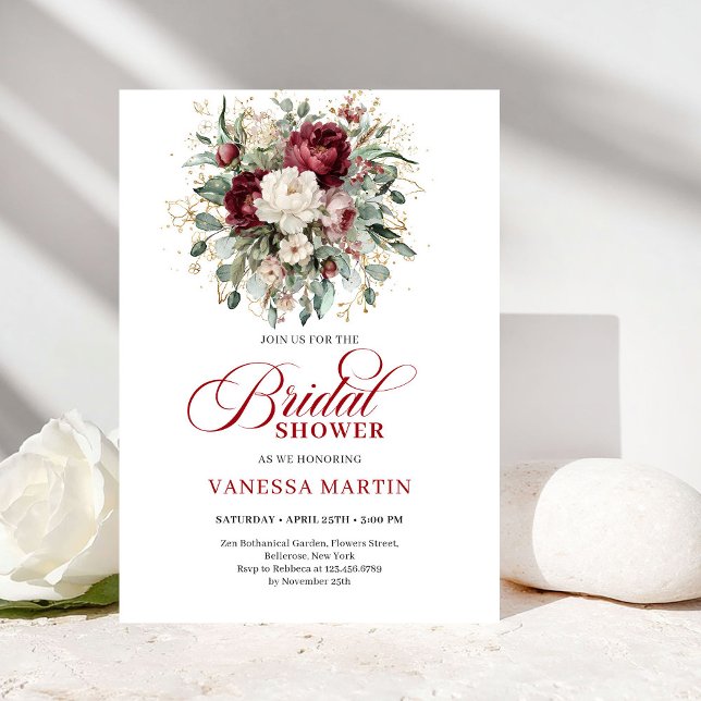 Förfinad Maroon Blommig Guld Bröllopsfest Inbjudan (Refined Maroon Floral Gold Bridal Shower Invitation)