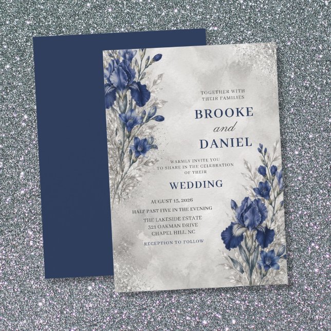 Förfinad Navy Iris Freesia Silver Glitter Bröllop Inbjudningar (Skapare uppladdad)