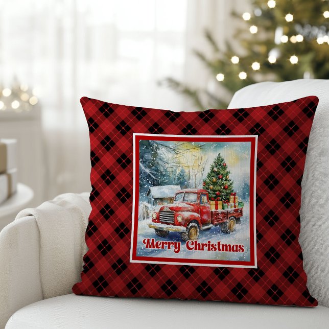 Förfinad röd lastbil semester scen rustik röd grön kudde (Refined red truck holiday scene rustic red green pillow

)