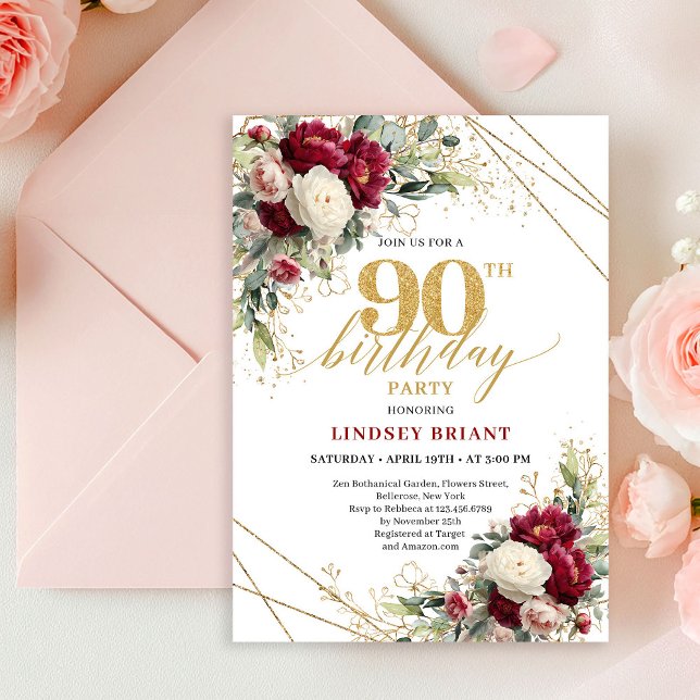 Förfinad röd och vit ros 90-års födelsedagsinbjuda inbjudningar (Refined Red and White Roses 90th Birthday Invitation)