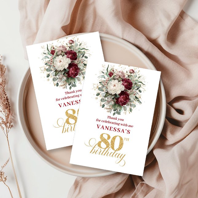 Förfinad Rödfärgad Burgunder 80-års Födelsedag Tac Tack Kort (Refined Blush Burgundy 80th Birthday Thank You Card)