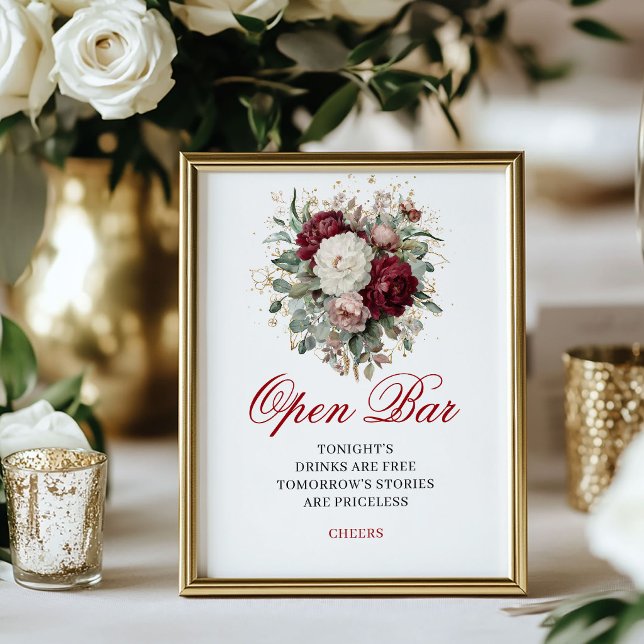 Förfinad rosaburgunder öppen bar 8x10 bröllopsskyl poster (Refined Blush Burgundy Open Bar 8x10 Wedding Sign)
