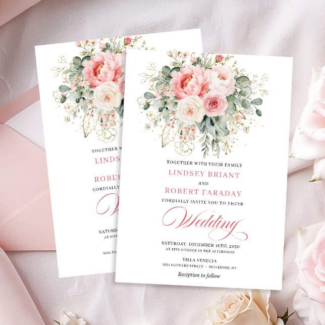 Förfinad Rosenskär Blommig Guld Bröllopsinbjudan Inbjudningar (Refined Blush Floral Gold Wedding Invitation)