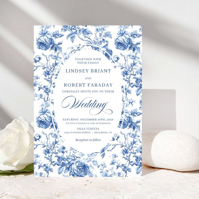 Förfinad Royal Blå Toile de Jouy Blommig Bröllop  Inbjudningar (Refined Royal Blue Toile de Jouy Floral Wedding Invite)