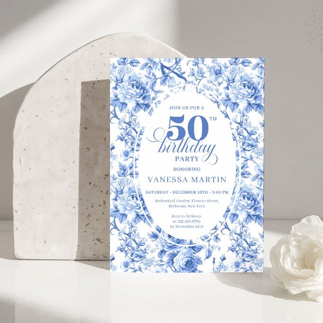 Förfinad Royalblå Toile de Jouy Blommig 50 Födelse Inbjudningar (Refined Royal Blue Toile de Jouy Floral 50th Birthday)