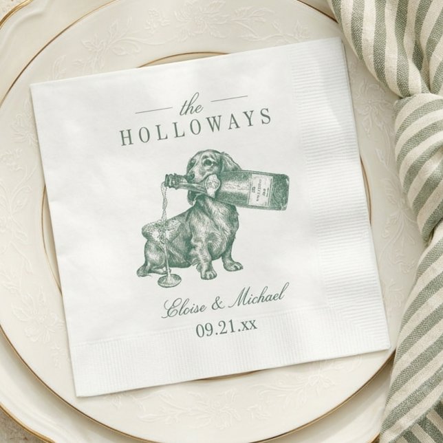 Förfinad Sagegrön Dachshund Champagne Bröllop Pappersservett (Preppy Sage Green Dachshund Champagne Wedding Napkins)