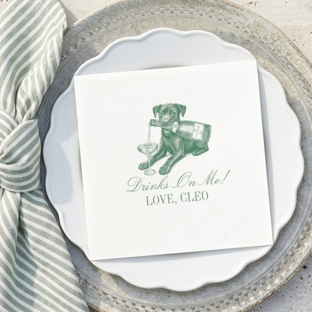 Förfinad Saggrön Labrador Champagne Bröllop Pappersservett (Preppy Sage Green Labrador Champagne Wedding Napkins)
