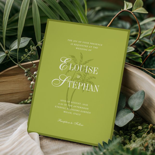 Förfinad Skript Palmträd Chartreuse Strandbröllop Inbjudningar (Skapare uppladdad)
