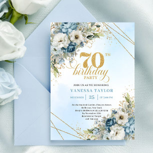 Förfinade akvarellblå blommor guld 70-årsdag inbjudningar