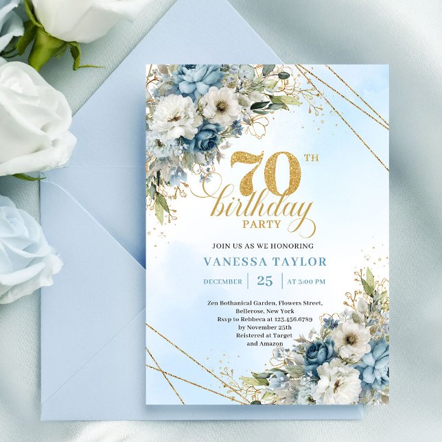 Förfinade akvarellblå blommor guld 70-årsdag inbjudningar (Refined watercolor blue florals gold 70th birthday invite

)
