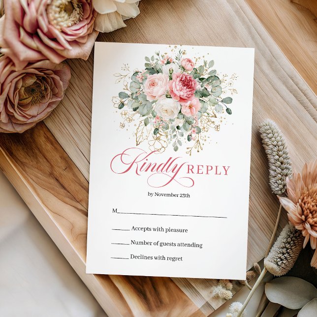 Förfinade Blush Rosor Eukalyptus Guld Bröllop RSVP OSA Kort (Refined Blush Roses Eucalyptus Gold Wedding RSVP)