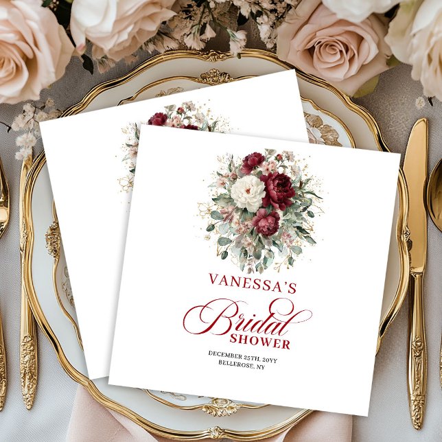 Förfinade Burgundy Blommiga Guld Bröllopsdusch Ser Pappersservett (Refined Burgundy Floral Gold Bridal Shower Napkins)