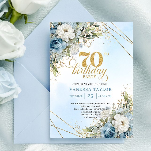 Förfinade dammiga blå akvarellblommor 70-årsdag inbjudningar (Refined dusty blue watercolor florals 70th birthday

)