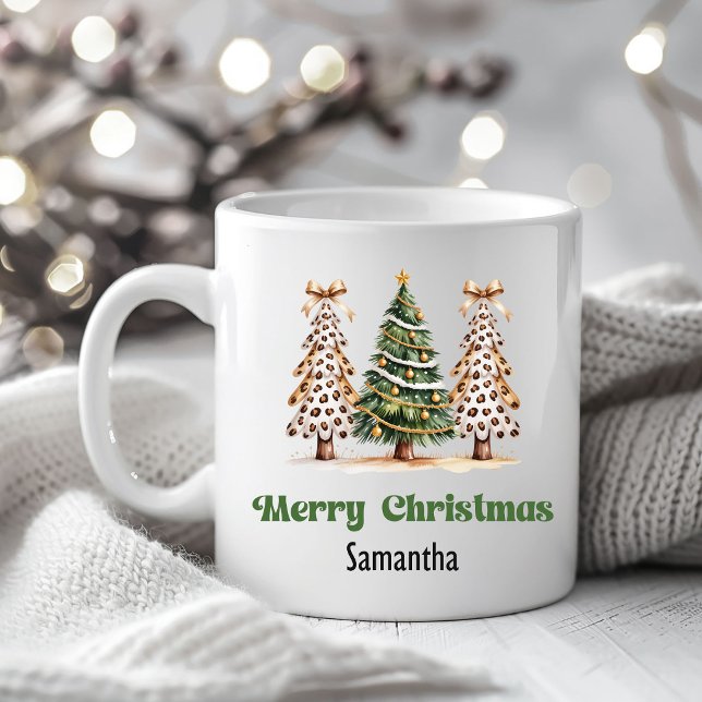 Förfinade Leopards Julgranar Personligt Namn Mugg (Refined Leopard Christmas Trees Custom Name Mug)