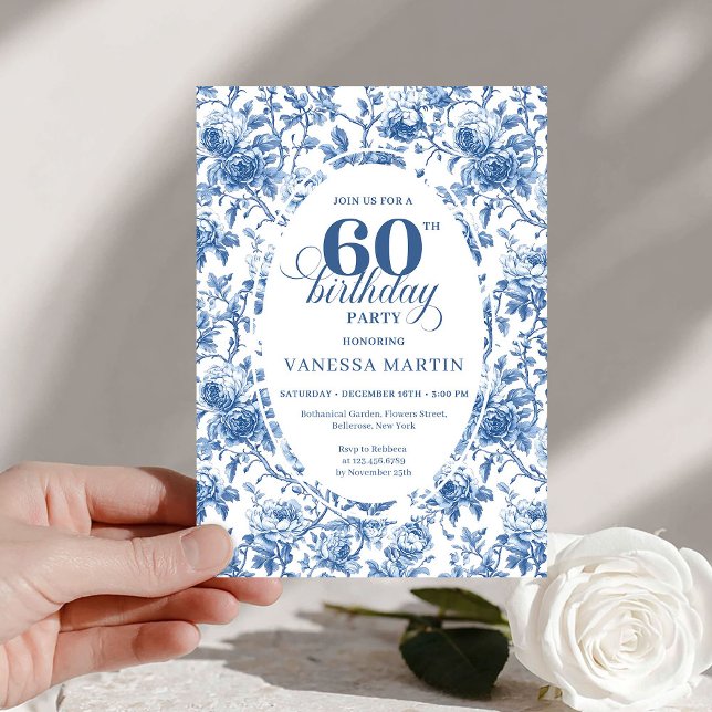 Förfinade Navy Rosor Blommig Toile 60-årsdag  Inbjudningar (Refined Navy Roses Floral Toile 60th Birthday Invite)