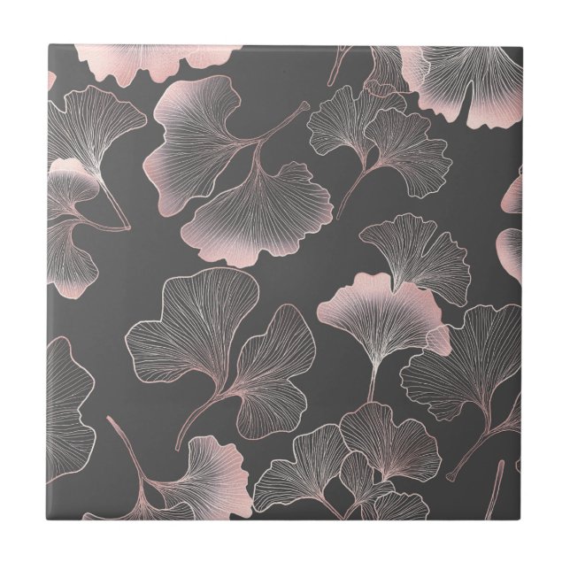 Förfinade rosa ginkgoblad med metallisk textur kakelplatta (Framsidan)
