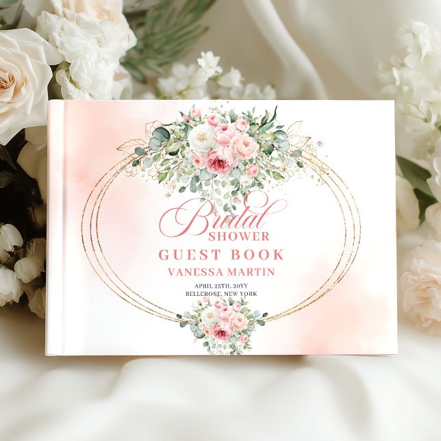 Förfinade rosor i rosenskär nyans med eukalyptus o gästböcker (Refined Blush Roses Eucalyptus Gold Bridal Guest Book)