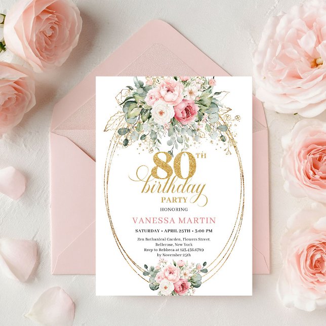 Förfinade rosor i rosenskiftande eukalyptusguld 80 inbjudningar (Refined Blush Roses Eucalyptus Gold 80th Birthday)