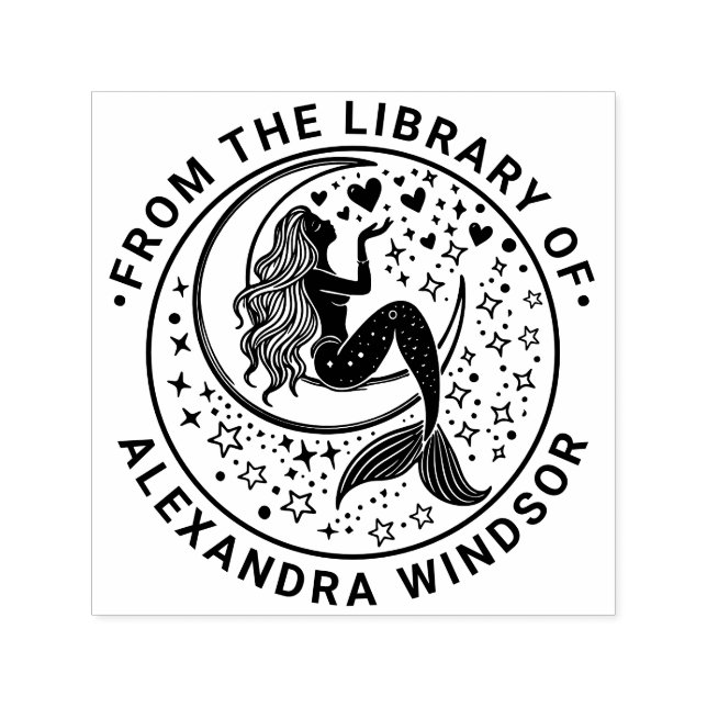 Förförisk havsfröken på halvmåne bibliotek boknamn självfärgande stämpel (Design)