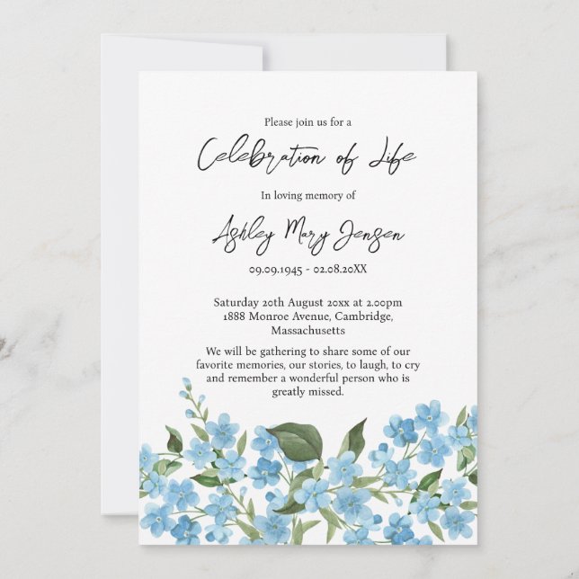 Forget me not Celebration of Life Photo Funeral  Inbjudningar (Baksida)