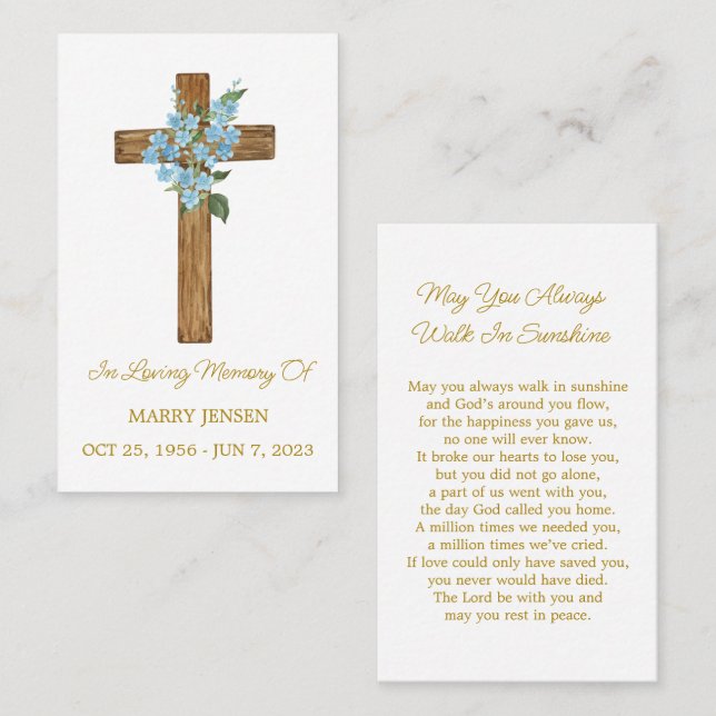 Forget me not Cross Memorial Funeral Prayer Card Visitkort (Fram/baksida)