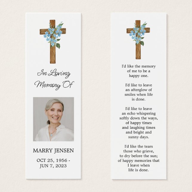 Forget me not Cross Photo Funeral Bookmark Litet Visitkort (Framsida & baksida)