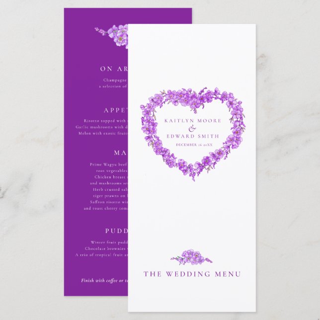 Forget-me-not heart purple white wedding menus meny (Fram/baksida)