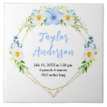 Forget-Me-Nots and Daisies Floral Baby Birth Stats Kakelplatta<br><div class="desc">This fun and whimsical tile features watercolor blue forget-me-nots, daisies and foliage on a gold geometric frame. The text combines handwritten script and serif fonts for a stylish and modern look. It can be personalized with your baby's birth stats, such as name, size, date and time of birth, or if...</div>