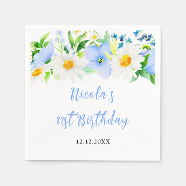 Forget-Me-Nots and Daisies Floral Birthday Pappersservett (Framsidan)
