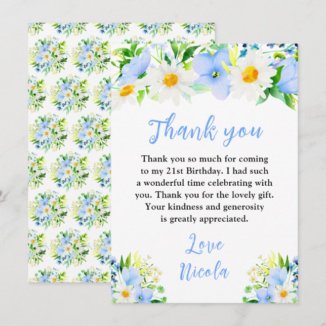 Forget-Me-Nots and Daisies Floral Birthday Tack Kort (Fram/baksida)