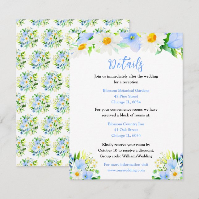 Forget-Me-Nots and Daisies Floral Wedding Details Tilläggskort (Fram/baksida)