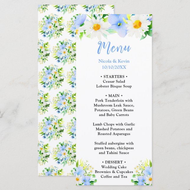 Forget-Me-Nots and Daisies Floral Wedding Meny (Fram/baksida)