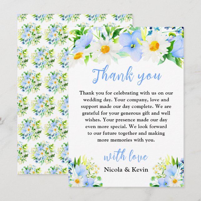 Forget-Me-Nots and Daisies Floral Wedding Tack Kort (Fram/baksida)