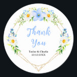 Forget-Me-Nots Floral Wedding Thank You Runt Klistermärke<br><div class="desc">This beautiful and elegant wedding thank you sticker features watercolor blue forget-me-nots,  daisies and foliage on a gold geometric frame. The text combines handwritten script and serif fonts for a stylish and modern look. This is perfect for a spring or summer rustic wedding.</div>