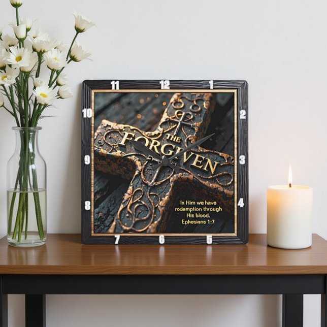 Forgiven The Cross Redemption Ornate Ephesians 1:7 Fyrkantig Klocka (Skapare uppladdad)