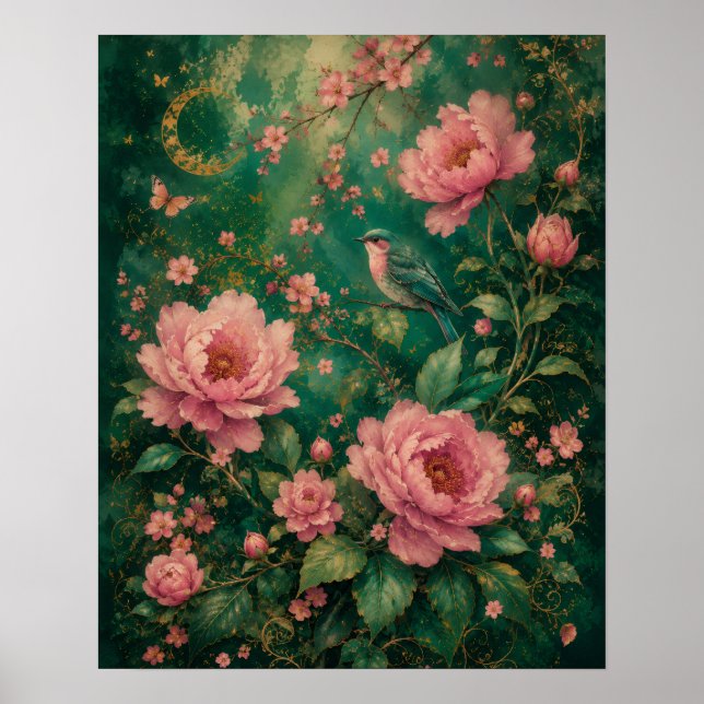 FORGULDNAD SMARAGD TRÄDGÅRD KOLIBRI ROSOR II POSTER (Framsidan)