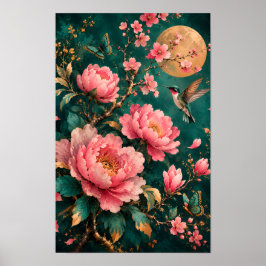 FORGULDNAD SMARAGD TRÄDGÅRD KOLIBRIFÄRG ROSOR POSTER