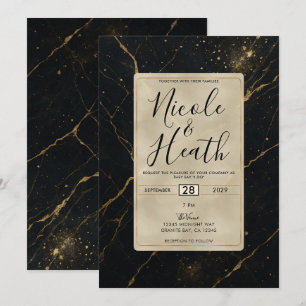 Förgyld Midnight Marble Svart & Guld Bröllop Inbjudningar
