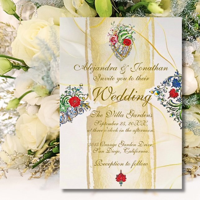 Förgylld Barock Heligt Hjärta Mexikansk Bröllopsfe Inbjudningar (Elegant Baroque sacred heart wedding invitation with gilded details and hand-painted floral motifs.)