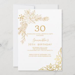 Förgylld Blomma Kräm och Guld 30-års Födelsedag Inbjudningar